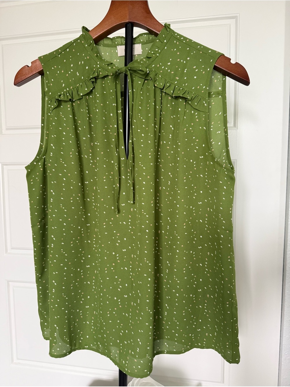 LOFT Olive Green Sleeveless Ruffle Tie-Neck Top
